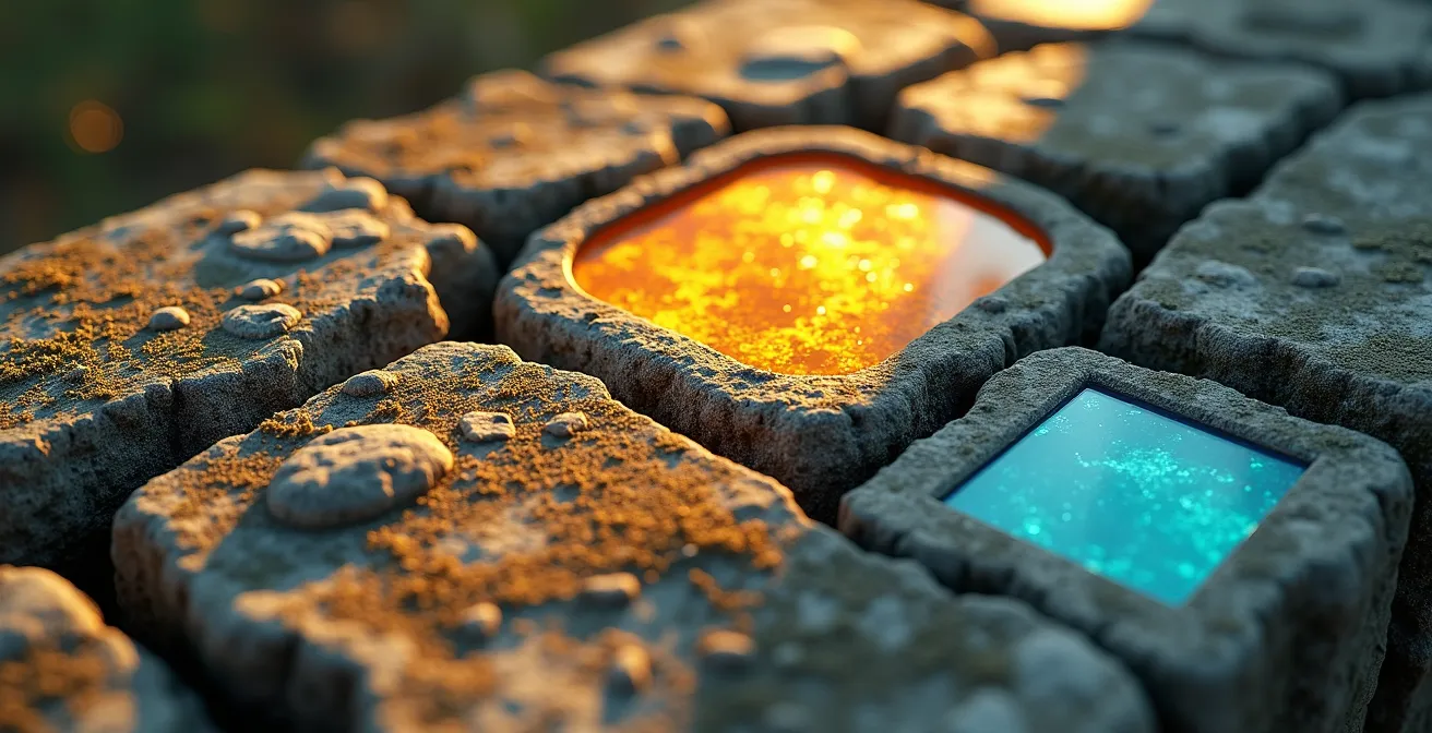 Gros plan d'une surface de pierre ancienne avec des motifs de lumière colorée projetés par un vitrail, montrant texture et profondeur.