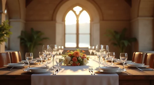 Une table dressée élégamment dans une salle voûtée historique, avec vue sur un lac serein à travers des vitraux filtrés.