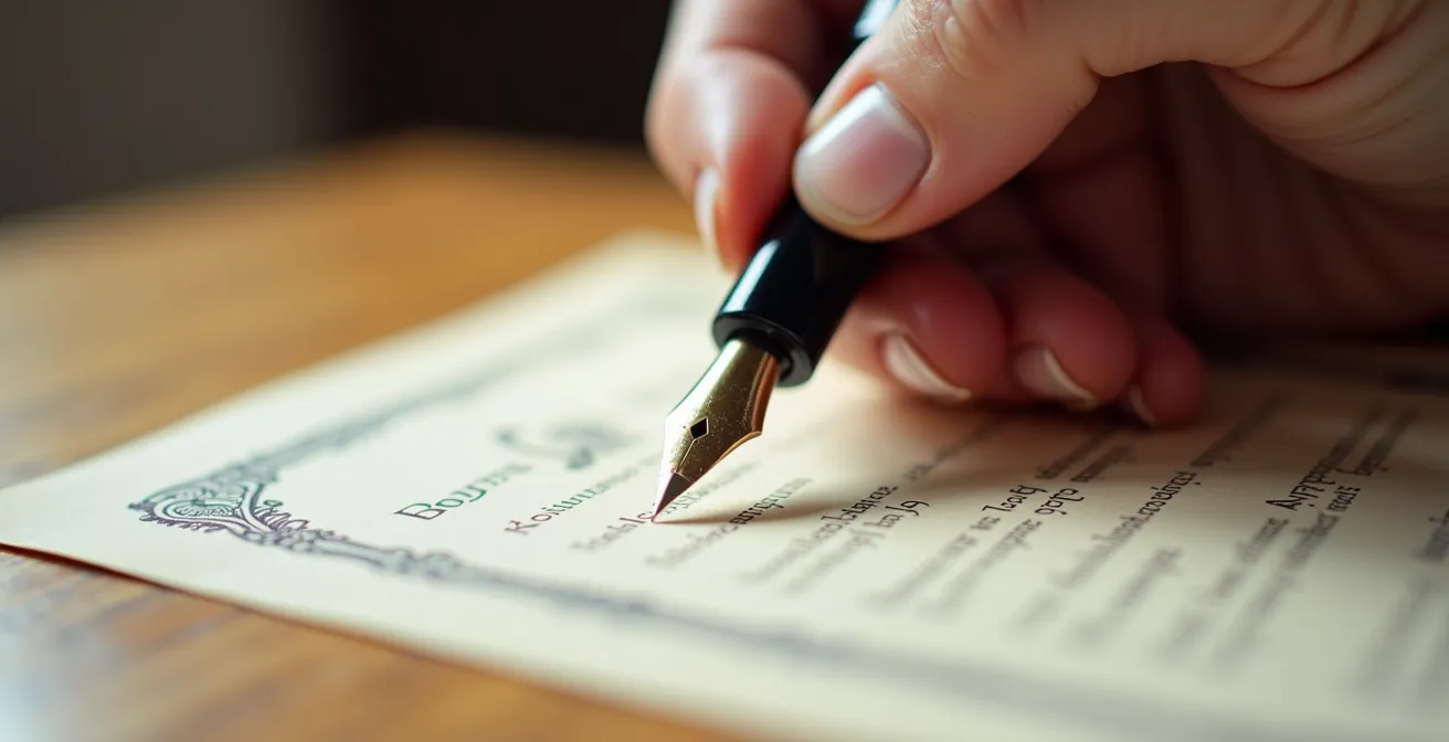 Gros plan sur des mains signant un contrat avec stylo plume