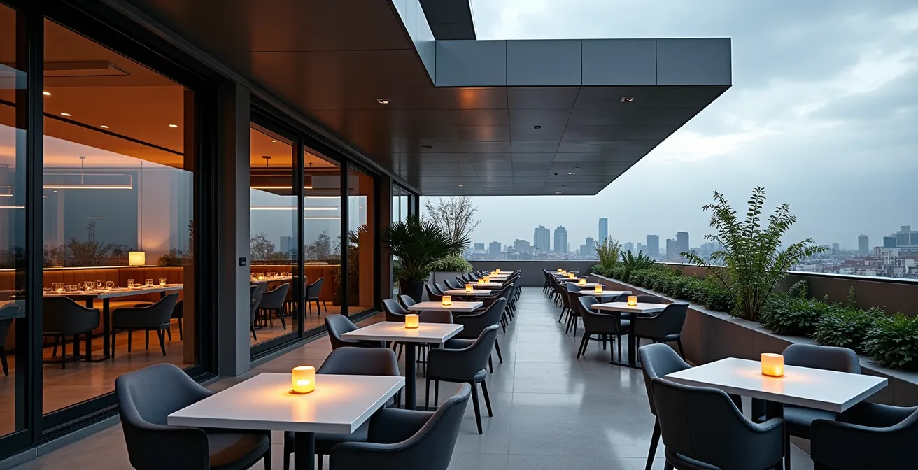 Vue minimaliste d'une terrasse couverte de restaurant avec mobilier élégant