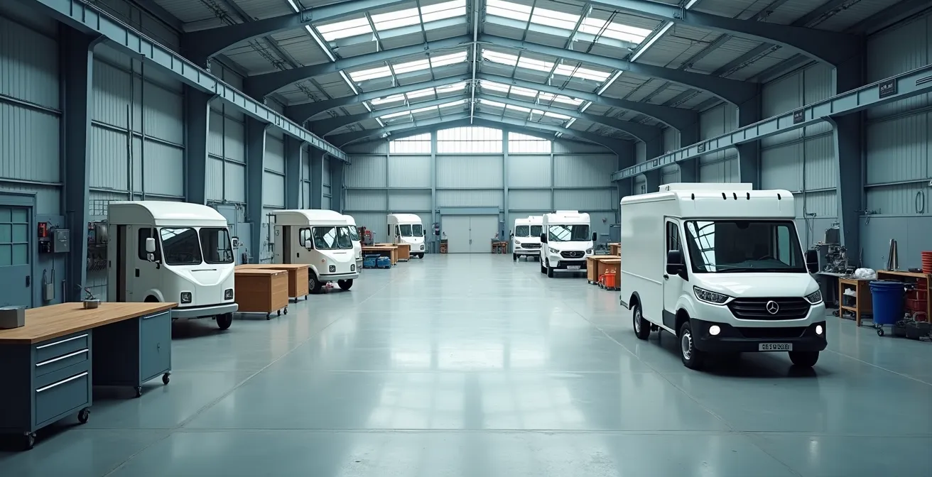 Vue d'ensemble d'un atelier de fabrication moderne et lumineux avec véhicules en cours d'assemblage