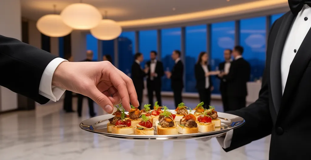 Main prenant une pièce de finger food sur plateau lors d'un cocktail