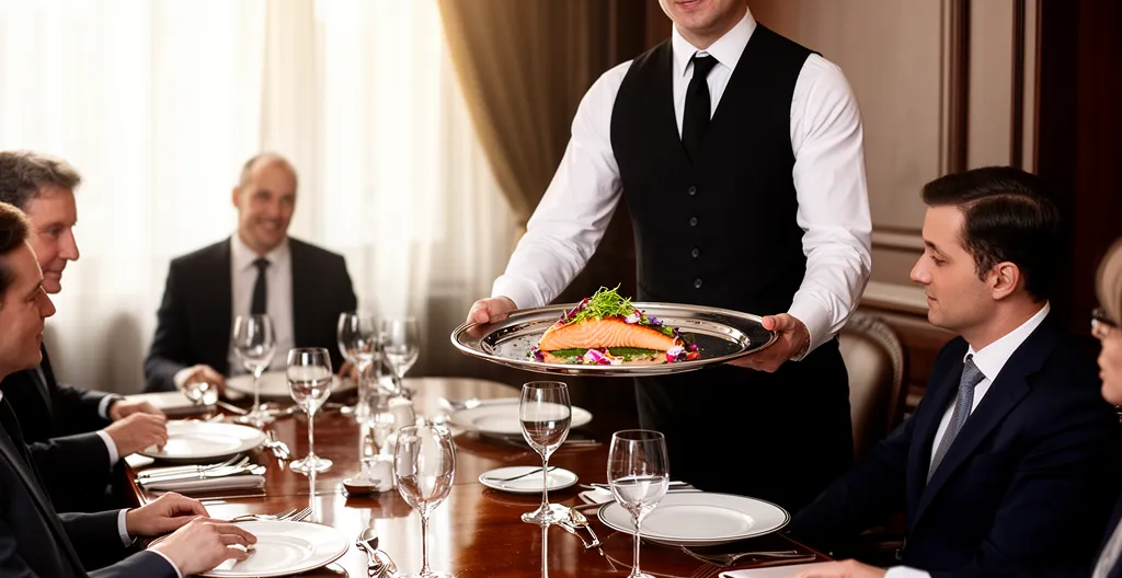 Serveur présentant des plats lors d'un déjeuner professionnel