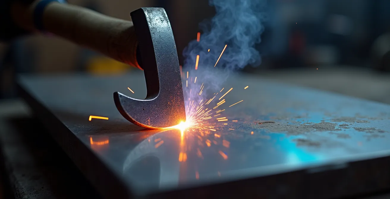 Vue macro d'une soudure TIG parfaite sur de l'acier inoxydable avec reflets métalliques