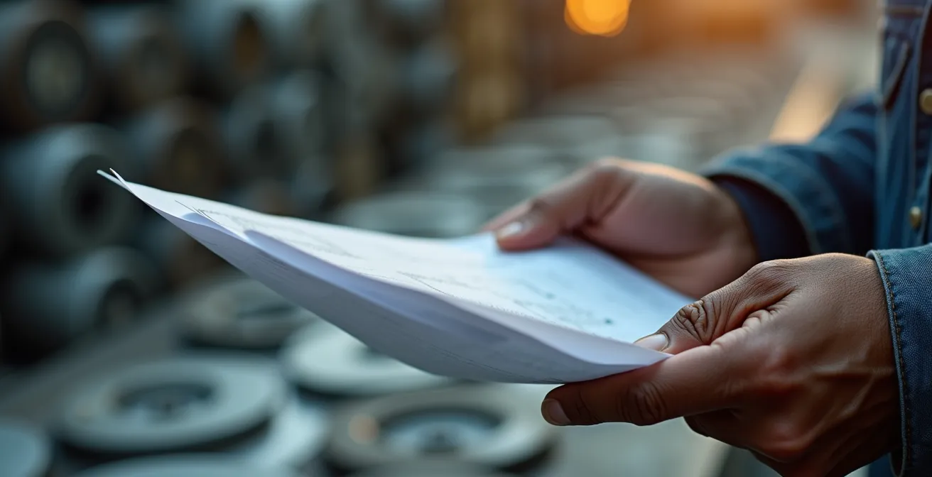 Une main parcourant des documents techniques sur un bureau avec des échantillons de matériaux en arrière-plan