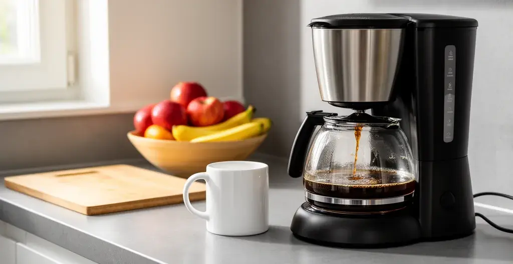 Cafetière filtre électrique avec café qui coule dans carafe et tasse en attente sur comptoir cuisine