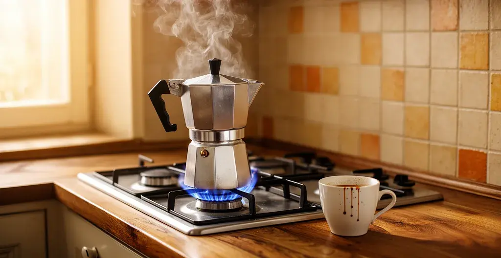 Cafetière italienne Moka sur plaque de cuisson avec vapeur qui commence à sortir dans cuisine française