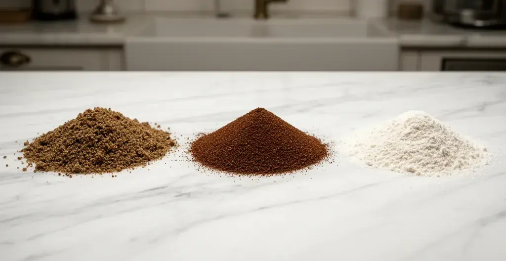 Trois petits tas de mouture café côte à côte montrant les différences de texture fine moyenne grosse