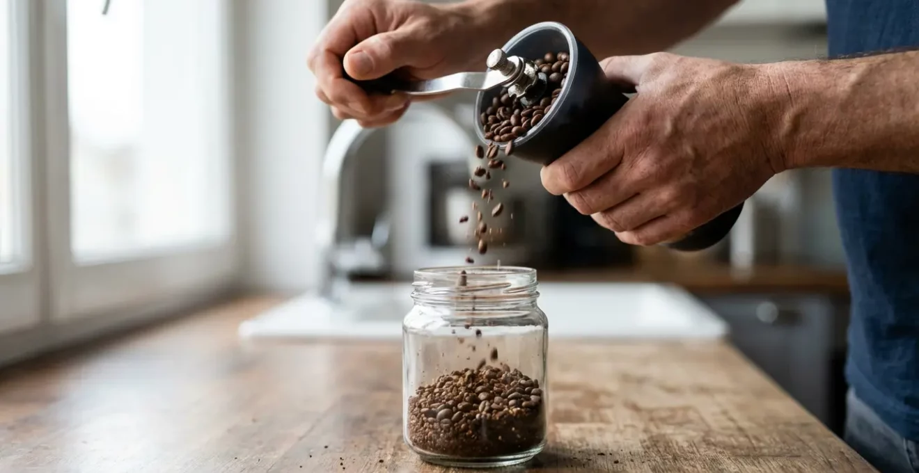 Grains de café fraîchement moulus tombant d'un moulin avec différentes textures de mouture visibles