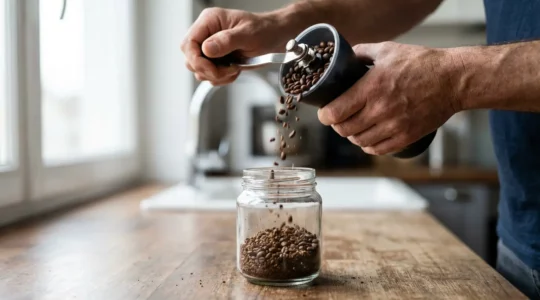 Grains de café fraîchement moulus tombant d'un moulin avec différentes textures de mouture visibles