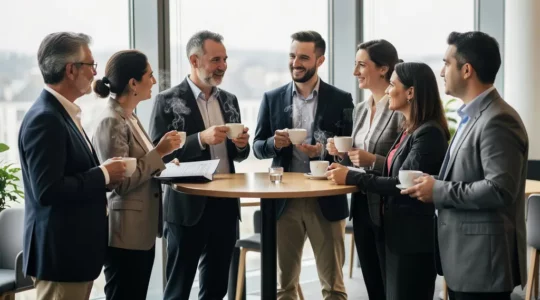 Professionnels partageant une pause café lors d'un séminaire d'entreprise