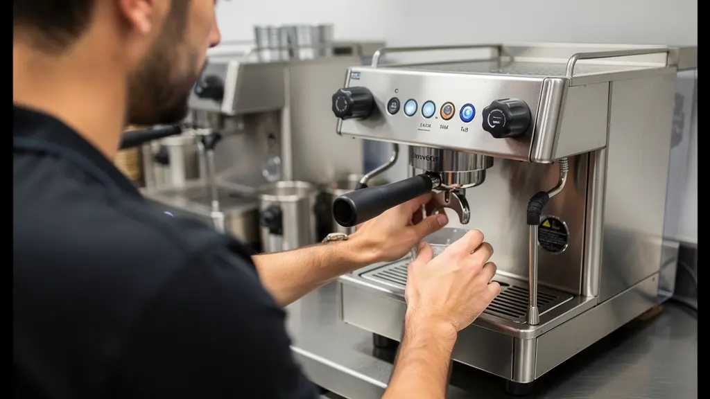 Technicien vérifiant une machine à café professionnelle pour événement