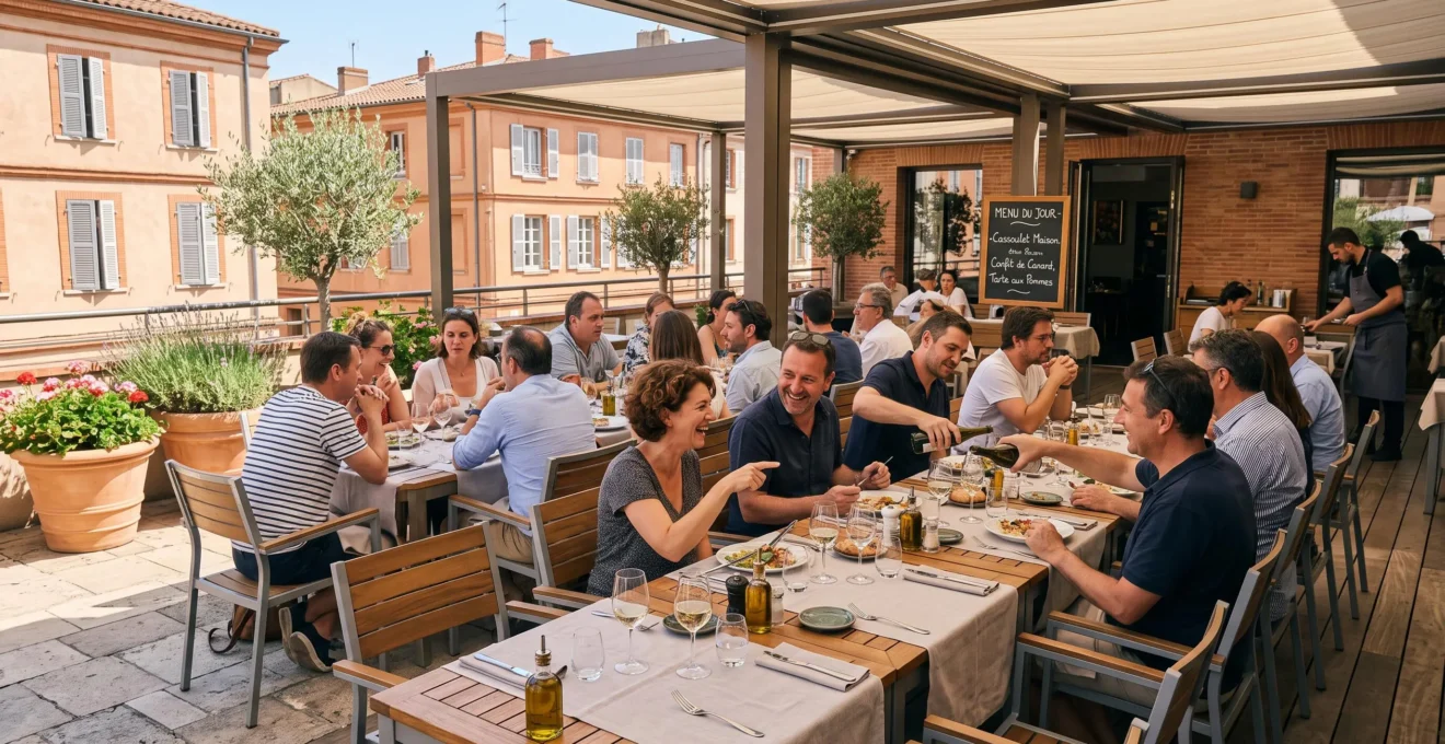 Grande terrasse de restaurant contemporain avec groupe d'environ 20 convives attablés autour de tables alignées dressées, mobilier moderne, parasols et végétation, lumière naturelle chaleureuse, ambiance conviviale décontractée