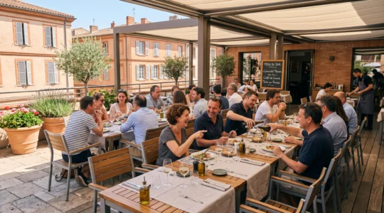 Grande terrasse de restaurant contemporain avec groupe d'environ 20 convives attablés autour de tables alignées dressées, mobilier moderne, parasols et végétation, lumière naturelle chaleureuse, ambiance conviviale décontractée