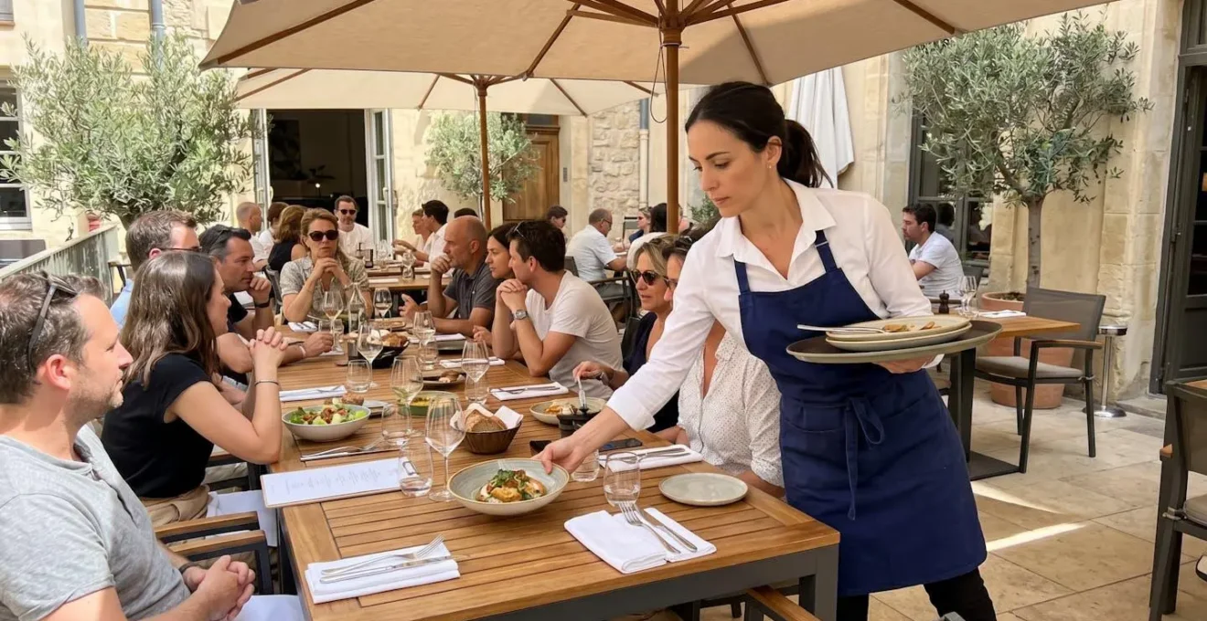 Serveur professionnel posant des assiettes sur grande table de terrasse occupée par un groupe, geste de service précis, décor contemporain ensoleillé, convives en arrière-plan
