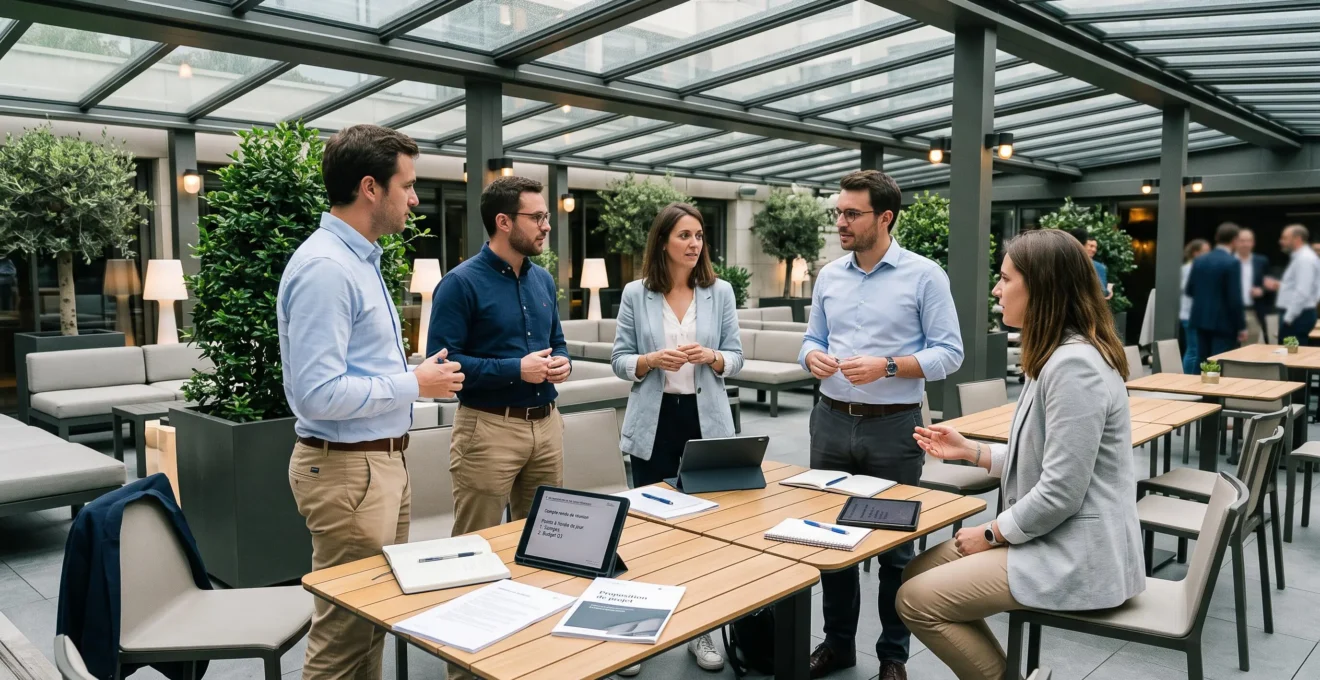 Terrasse semi-fermée de restaurant avec pergola vitrée, tables en U pour événement professionnel, participants en business casual échangeant, décor contemporain épuré, lumière naturelle douce